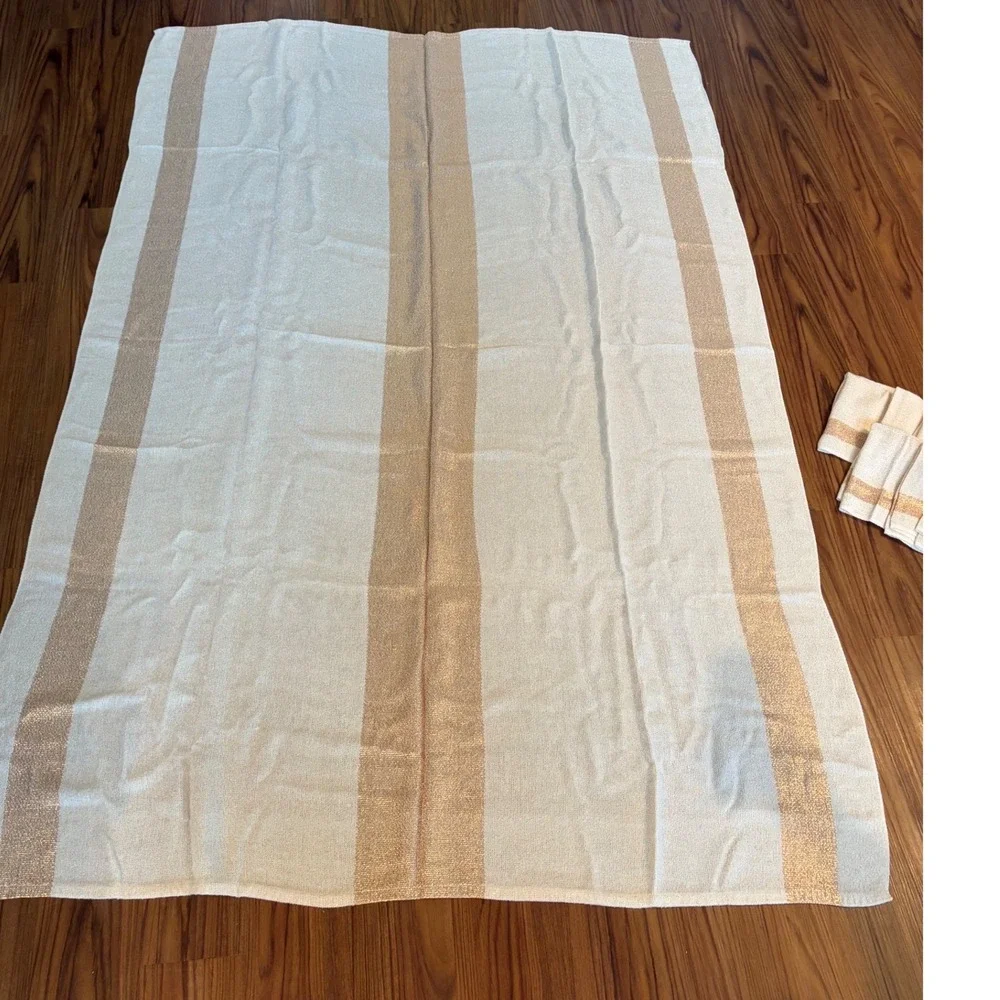 Vintage Chicago Weaving Corp Gold Metallic Striped Tablecloth and 8 Napkins Set